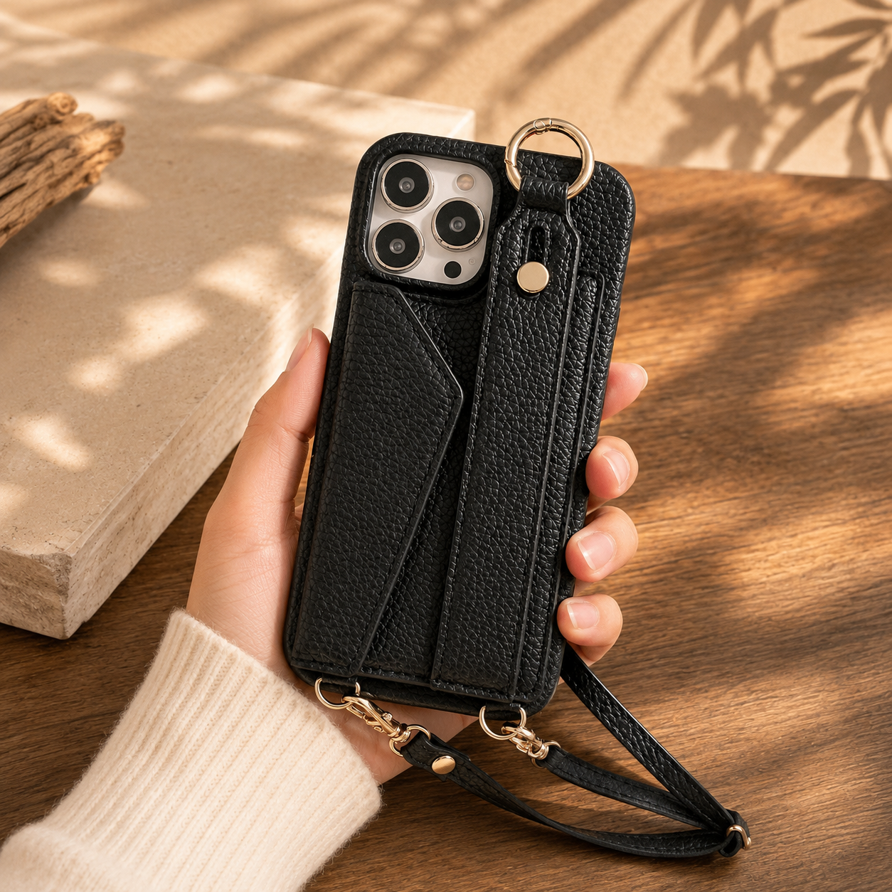 Étui de téléphone avec porte-cartes et cordon pour iPhone